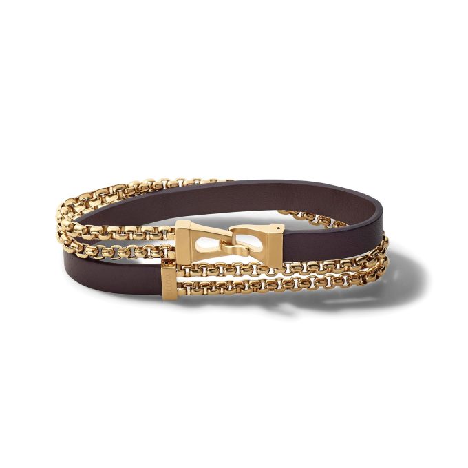 Double Wrap Bracelet Goldtone Chain and Brown Leather Large
