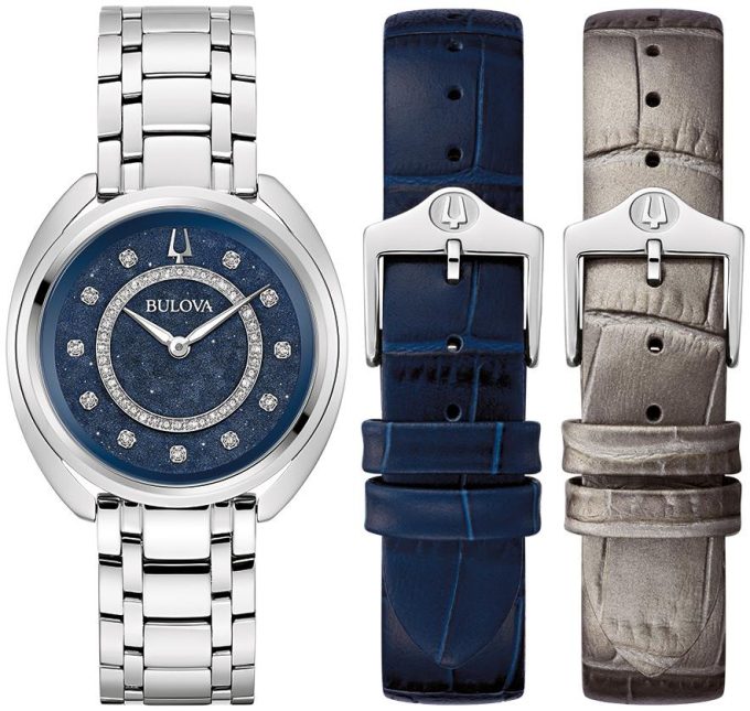 Ladies Crystal Duality Set SS Bracelet watch Blue dial leather interchangeable straps