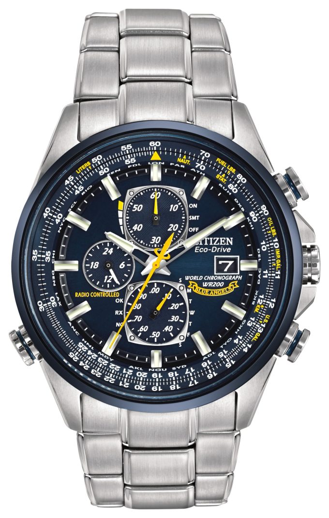 Mens Blue Angels Edition World Time Chronograph EcoDrive Watch SS with Blue Ion Plating