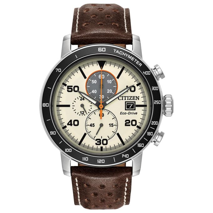 Mens Brycen EcoDrive Watch SS with Black Bezel and Brown Leather Strap