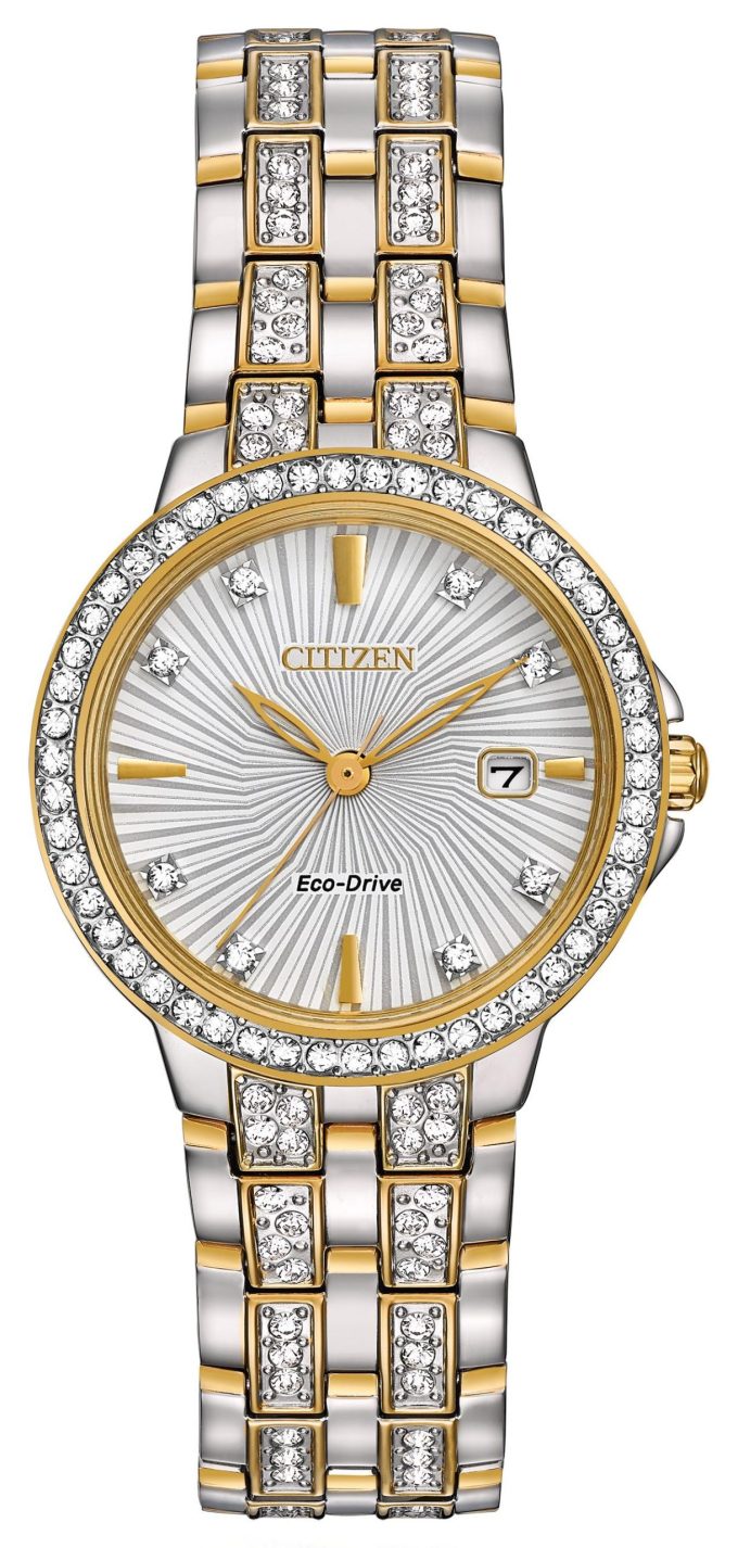 Ladies Silhouette Crystal EcoDrive Watch Twotone SS Bracelet Swarvoski Crystal Accents