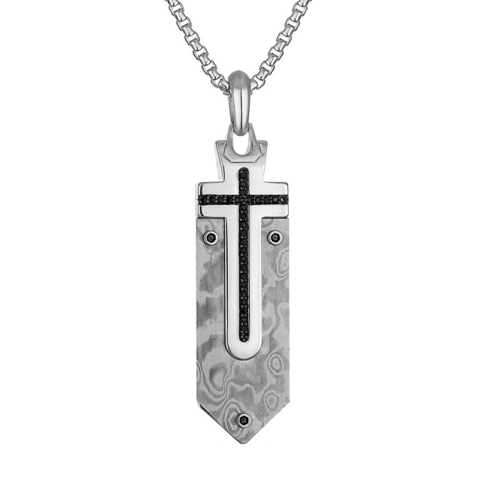 Marc Anthonys Cross inlaid Damascus Steel Sterling SilverBlack Diamonds Pendant 2426
