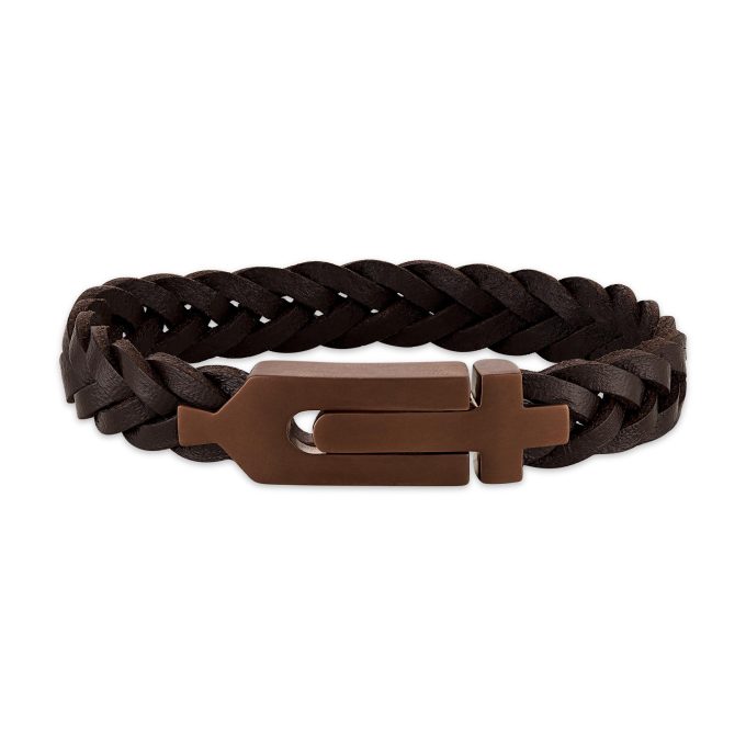 Marine Star CrossTuning Fork Braided Brown Leather Bracelet 8