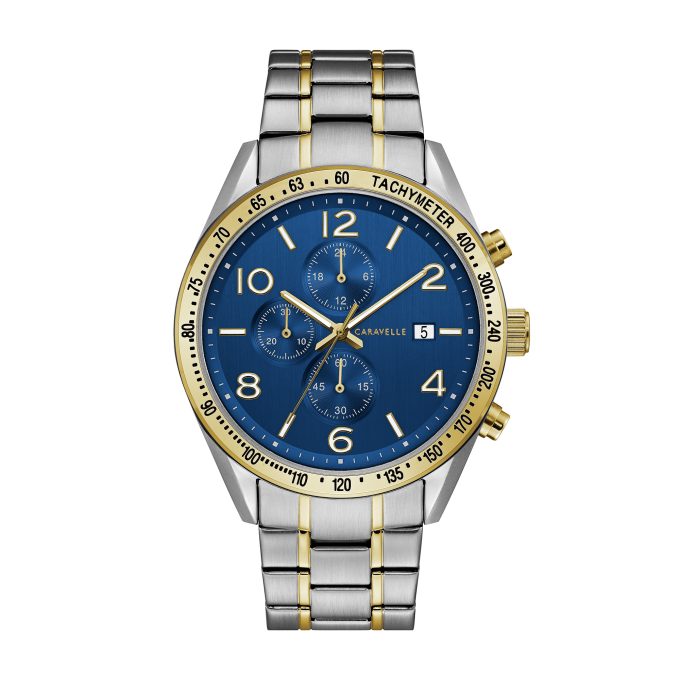 Mens Two Tone Stainless Steel Sport Chronograph Watch With Blue Dial