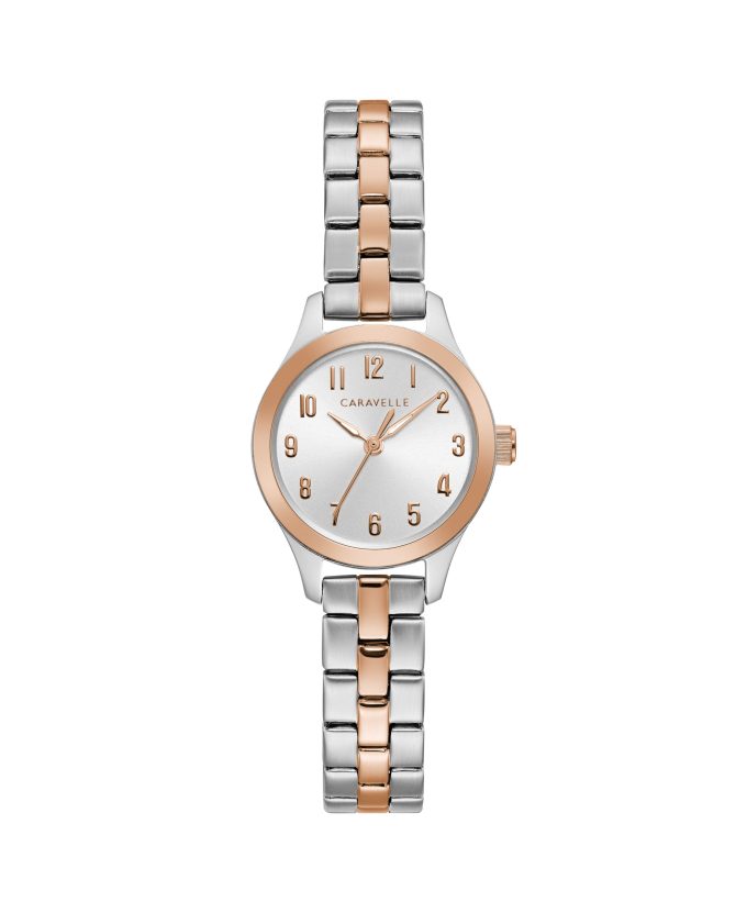 Ladies TwoTone Rose and Silver Stainless Steel Bracelet Watch with Arabic Numerals