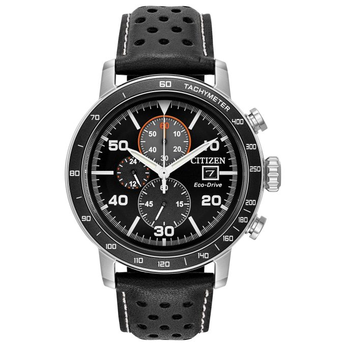 Mens Brycen EcoDrive Watch SS with Black Bezel and Black Leather Strap