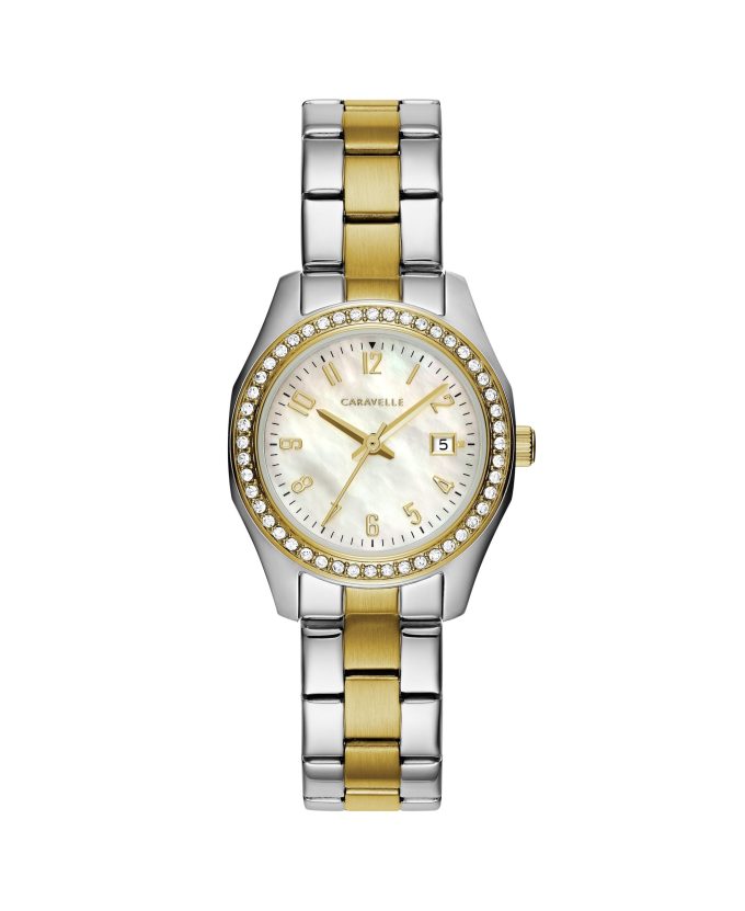 Ladies Twotone Stainless Steel Bracelet Watch with MotherofPearl Dial Crystal Bezel and Date Marker
