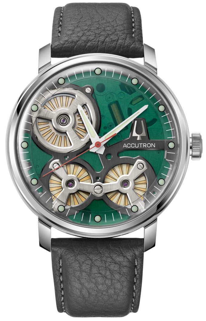 Spaceview Collection Stainless Steel case Gray leather strap strap with Green dial