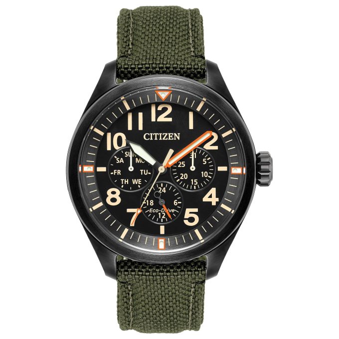 Mens Chandler EcoDrive Watch Green Cordura Strap and Black Dial