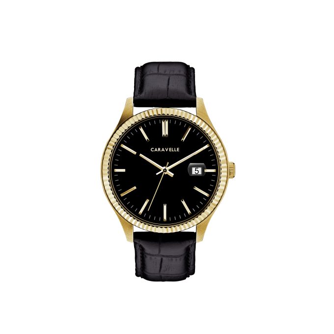 Mens Black Leather Strap Watch With Gold Tone Accents Black Dial and Date Marker