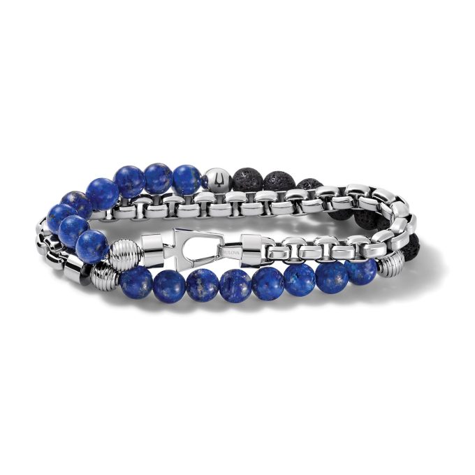 Double wrap Bracelet Chain Black Lava and Lapis Beads Medium