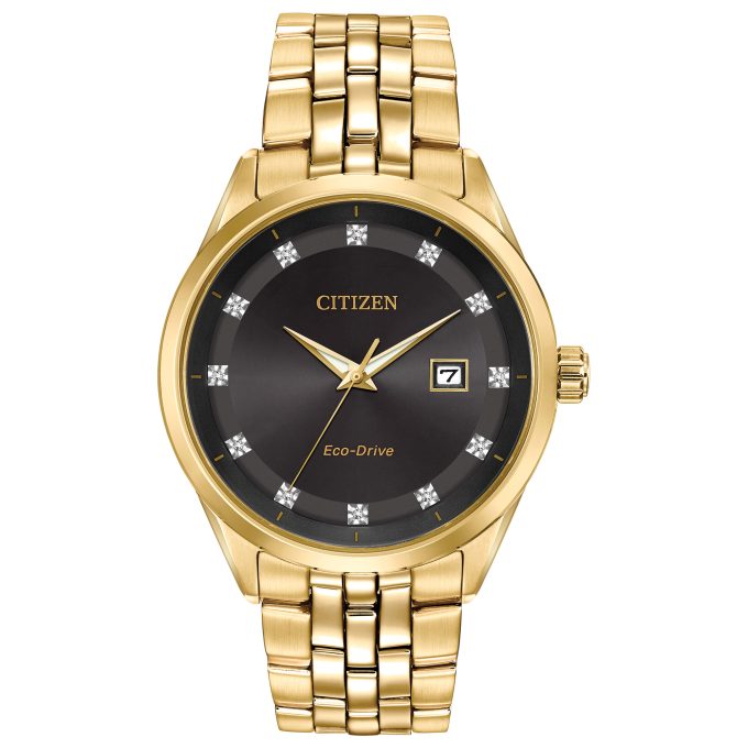 Mens Corso EcoDrive Watch GoldTone with Black Dial Diamond Markers