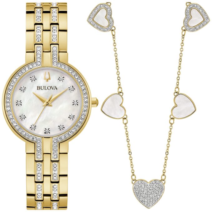 Ladies Crystal Box Set with Gold tone watch and heart necklace