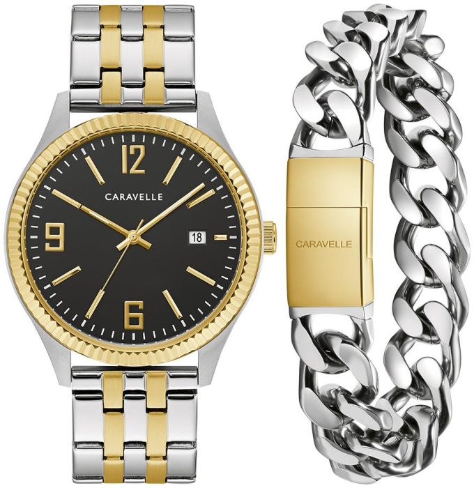 Mens boxed set with Two Tone watch with black dial and bracelet