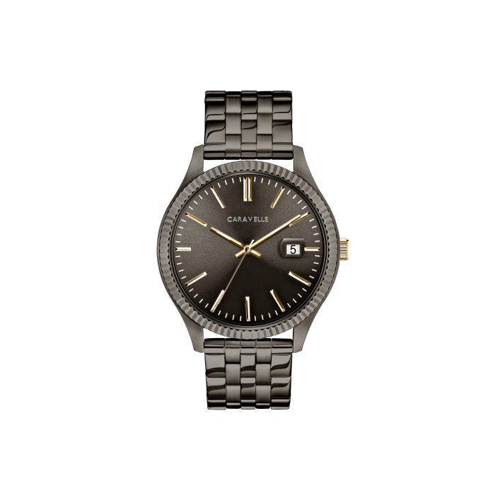 Mens Tw Gunmetal Stainless Steel Watch with Coin Edge Bezel Gold Accents and Date Marker