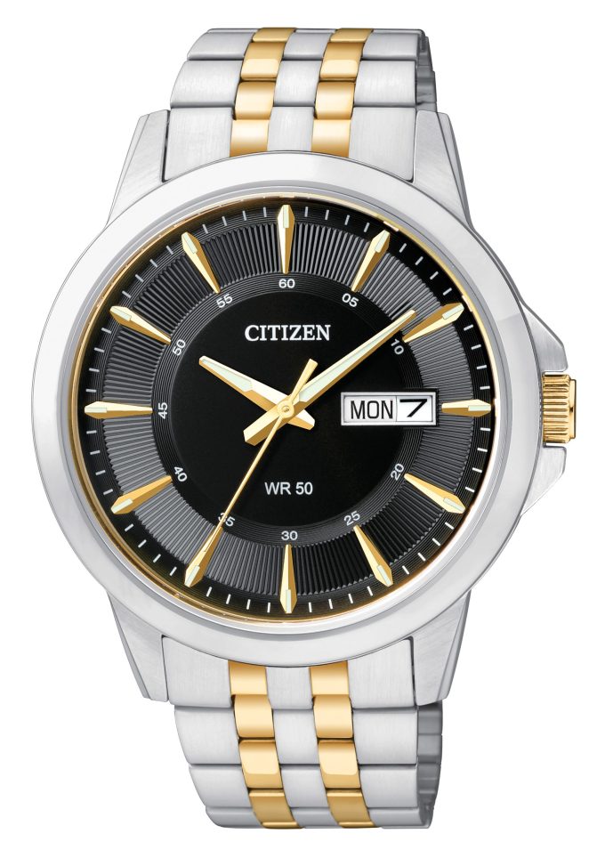 Mens Quartz TwoTone Stainless Steel Watch with Black Dial and Date