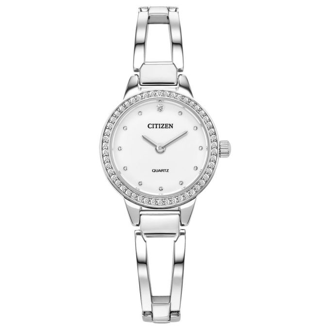 Ladies Quartz Silver tone Crystal bangle watch with White dial