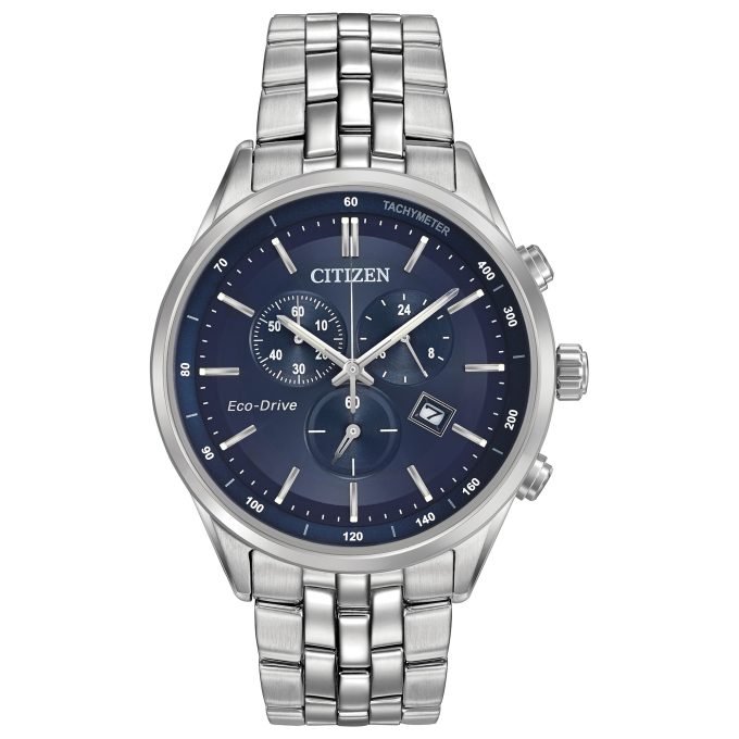 Mens Chronograph EcoDrive Watch SS with Blue Dial