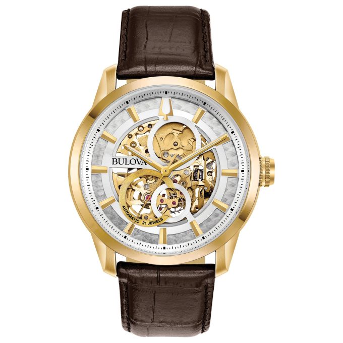 Mens Sutton Automatic Watch Brown Leather Strap with Goldtone Case