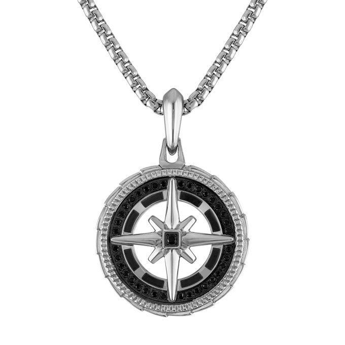 Marine Star Compassinspired Stainless SteelBlack Diamonds Pendant 2426