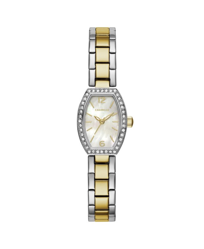 Ladies TwoTone Stainless Steel Crystal Accent Watch with Tonneau MotherofPearl Dial