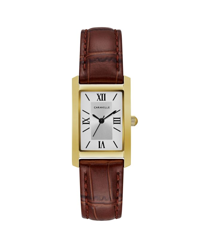 Ladies Rectangular Brown Leather Strap Watch with Gold Tone