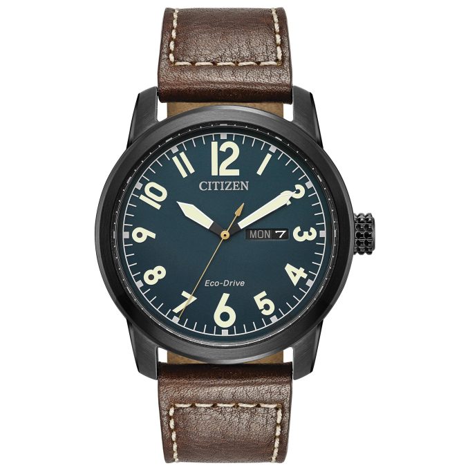 Mens Chandler EcoDrive Watch Brown Strap Black Case and Blue Dial