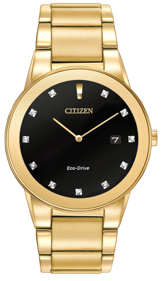 Mens Axiom Diamond EcoDrive Watch Goldtone Stainless Steel with Black Dial