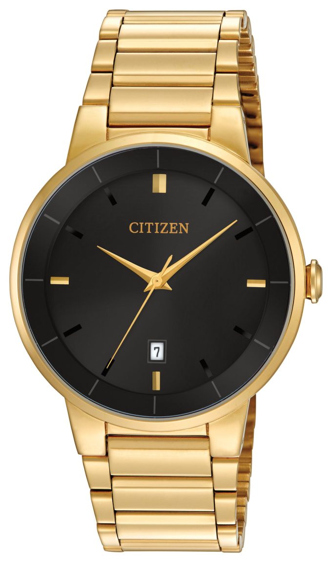 Mens Quartz Watch Goldtone Stainless Steel Case and Bracelet with Black Dial