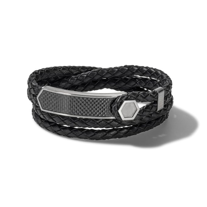 Double Wrap Braided Black Leather and Stainless Steel Bracelet Medium