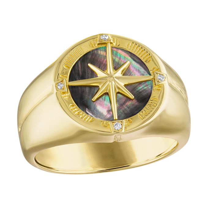 Marine Star CompassClock 14K Goldplated Sterling SilverBlack motherof pearlDiamond Ring 12
