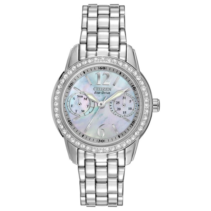 Ladies Silhouette Crystal EcoDrive Watch Stainless Steel with Black MOP Dial and Crystals